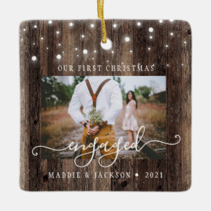 Ornement En Céramique Rustic Our First Christmas Engaged 2 Photo 