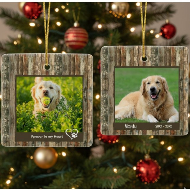 Ornement En Céramique Rustic Pet Memorial Wood Texture Photo (Créateur téléchargé)