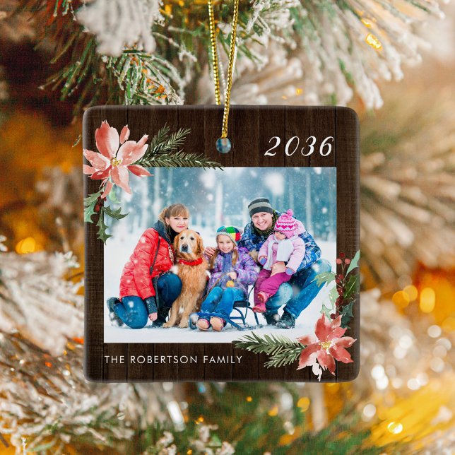Ornement En Céramique Rustic Wood Famille de Noël Photo (Créateur téléchargé)