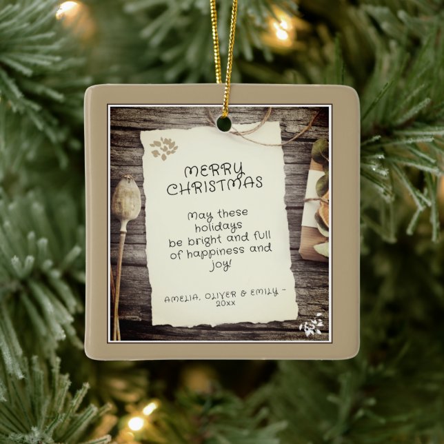 Ornement En Céramique Rustic Wood Old Paper Script Merry Christmas (Arbre)