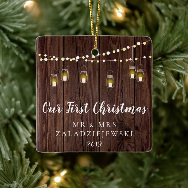 Ornement En Céramique Rustique Mason Jar Lights Notre Premier Noël (Arbre)