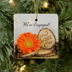 Ornement En Céramique Rustique Orange Daisy Fiançailles de bois