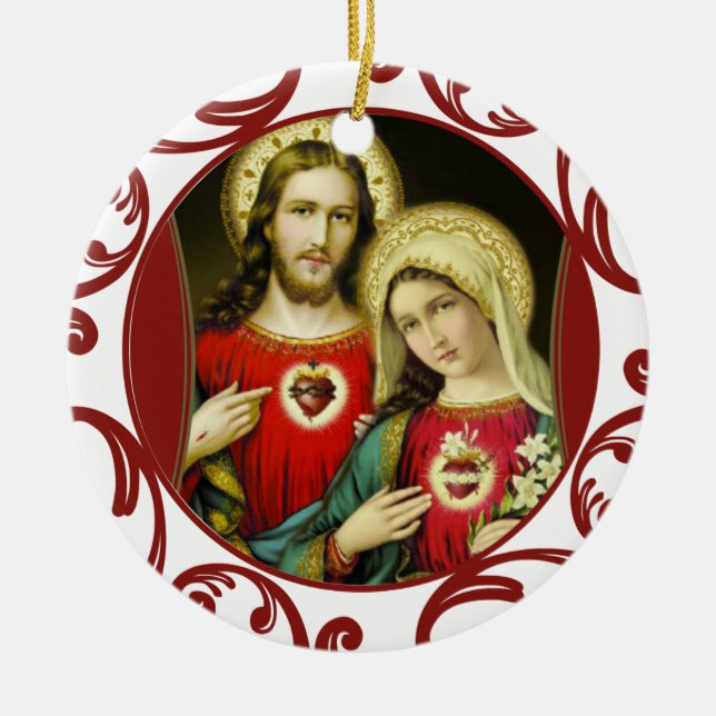 Ornement En Céramique Sacré Jésus Immaculé Coeur Marie Dentelle rouge (Devant)