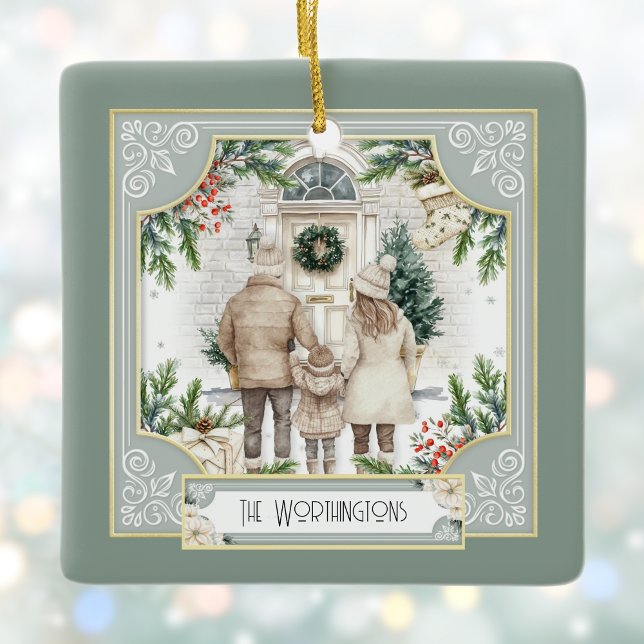 Ornement En Céramique Sage Green Boho Chic Personnalisé Famille Noël (Créateur téléchargé)