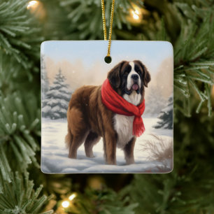 Ornement En Céramique Saint Bernard Chien à Noël de neige