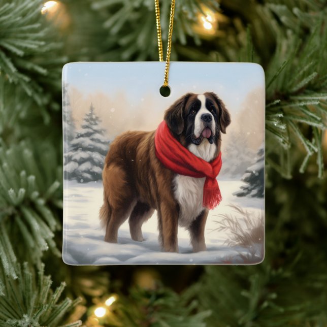 Ornement En Céramique Saint Bernard Chien à Noël de neige (Arbre)