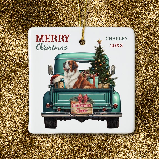 Ornement En Céramique Saint Bernard Dog Retro Truck Christmas (Créateur téléchargé)