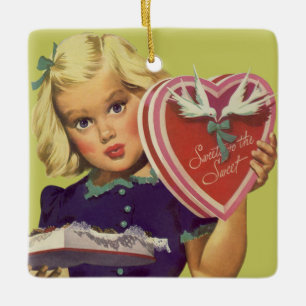 Ornement En Céramique Saint-Valentin Mignon Vintage, Fille avec Chocolat