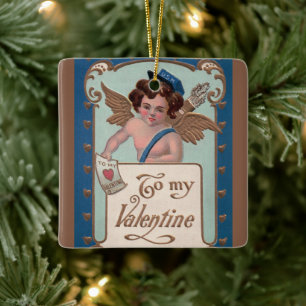 Ornement En Céramique Saint Valentin vintage, Cherub avec lettres d'amou