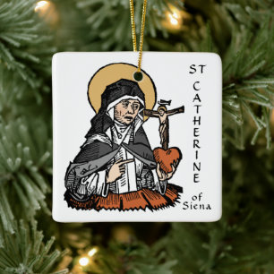 Ornement En Céramique Sainte Catherine de Sienne avec Coeur Crucifix