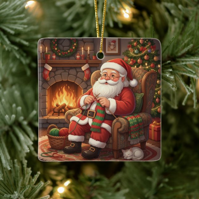 Ornement En Céramique "Santa's Cozy Knitting Nook" Personalized (Arbre)
