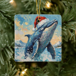 Ornement En Céramique Scène de Noël avec une baleine vintage portant un