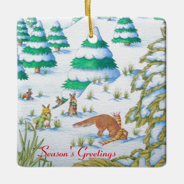 Ornement En Céramique scène mignonne de neige de renard et de Noël de (Devant)