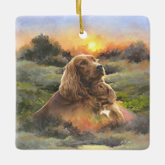 Ornement En Céramique setter irlandais avec chiot (Devant)