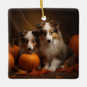 Ornement En Céramique Shetland Sheepdog Chiot Chiot Automne Citrouille d