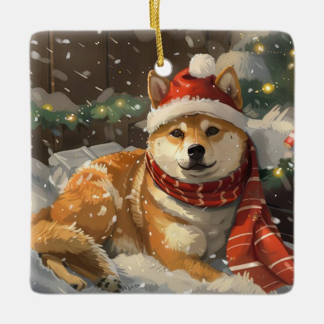 Ornement En Céramique Shiba Inu Chien Festive de Noël (Devant)