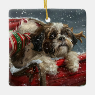 Ornement En Céramique Shih Tzu Chien Festif de Noël