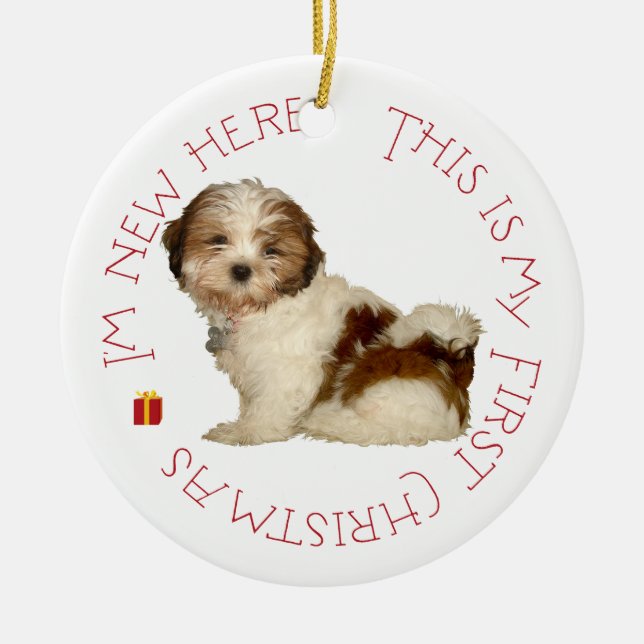 Ornement En Céramique Shih Tzu Puppy Premier Noël (Devant)