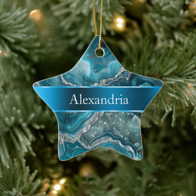 Ornement En Céramique Silver Blue Aqua Glam Glitz Nom de Noël (Arbre)