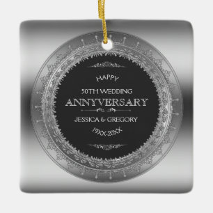 Ornement En Céramique Silver Lace & Black 25th Wedding Anniversary