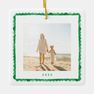Ornement En Céramique simple retro cadre vert photo carré noël