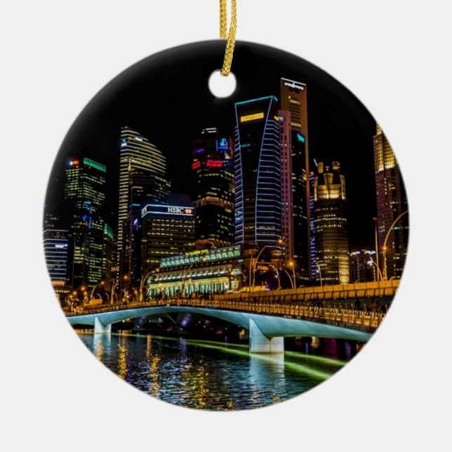 Ornement En Céramique Singapour Skyline, lumière nocturne (Devant)