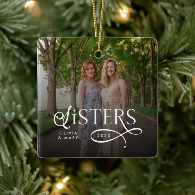 Ornement En Céramique Sisters Photo Personalized Monogram (Arbre)
