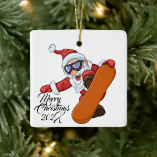 Ornement En Céramique Snowboard Père Noël