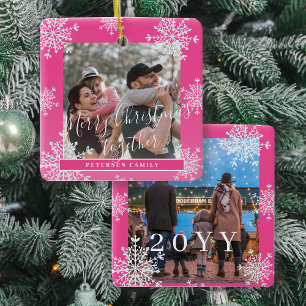 Ornement En Céramique Snowflakes 2 photo de famille personnalisée rose b