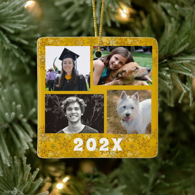 Ornement En Céramique Snowflakes Gold Jaune Famille Photo Collage (Arbre)