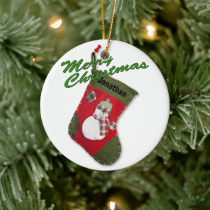 Ornement En Céramique Snowman Christmas Stocker Photo Nom personnalisé