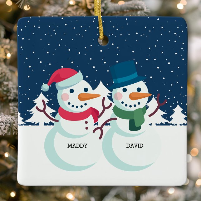Ornement En Céramique Snowman Couple mignon Noël personnalisé (Créateur téléchargé)