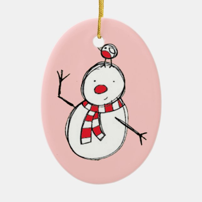 Ornement en céramique Snowman et Oiseau (Devant)