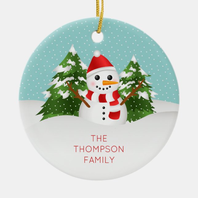 Ornement En Céramique Snowman mignon Avec Nom Personnalisé Noël (Devant)
