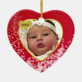 Ornement En Céramique Snowy Christmas Red Baby's Heart Photo