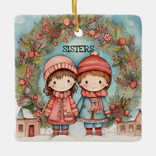 Ornement En Céramique Soeurs mignonnes (Devant)