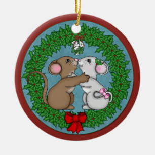 Ornement En Céramique Souris de Noël sous le gui