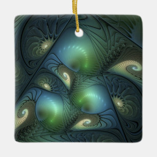 Ornement En Céramique Spirales Turquoise Beige Vert Abstrait Fractal Art