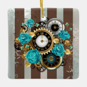 Ornement En Céramique Steampunk Clock and Turquoise Roses on Striped