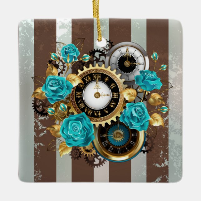 Ornement En Céramique Steampunk Clock and Turquoise Roses on Striped (Devant)