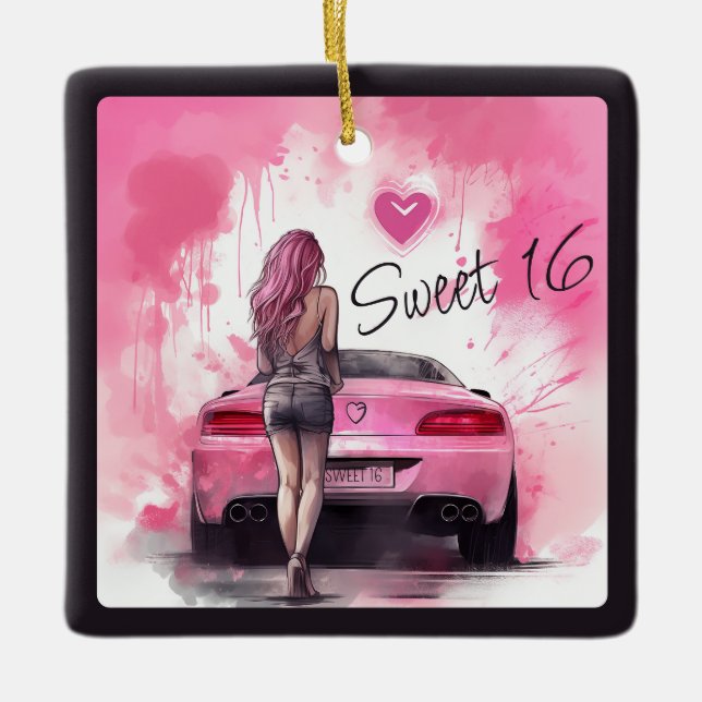 Ornement En Céramique Sweet personnalisé 16 Rose Voiture et Fille Noël (Devant)