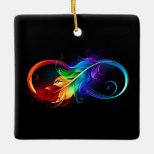 Ornement En Céramique Symbole d'infini avec plume arc-en-ciel