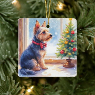 Ornement En Céramique Table de Noël à l'aquarelle Terrier Australien