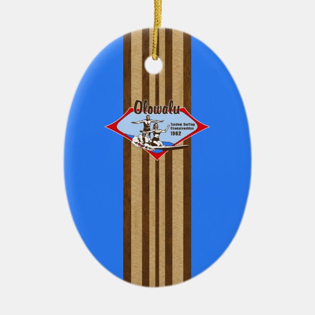 Ornement En Céramique Tandem Surf Hawaiian Faux Wood Surfboard (Devant)