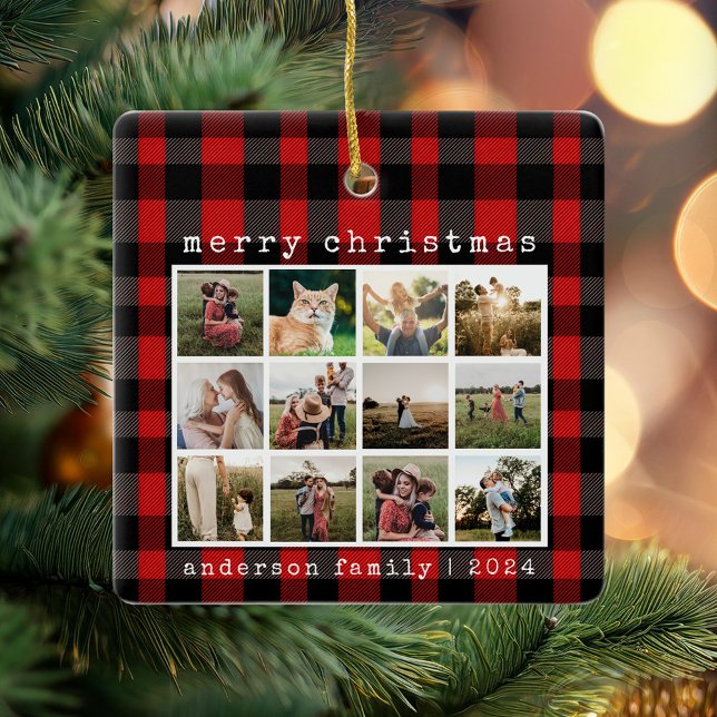 Ornement En Céramique Tapis Rouge Plaid Family Photo Collage (Créateur téléchargé)