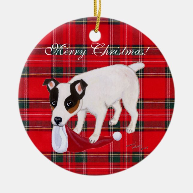 Ornement En Céramique Tartan de Noël de Jack Russell Terrier (Devant)