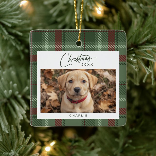 Ornement En Céramique Tartan Plaid Chien photo Noël (Arbre)