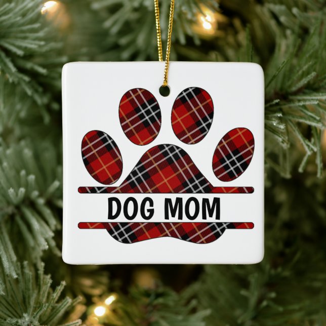 Ornement En Céramique Tartan Plaid DOG MOM Pawprint (Arbre)
