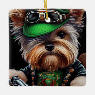 Ornement En Céramique Tchiène Terrier Chien Conduisant Vélo Saint-Patric