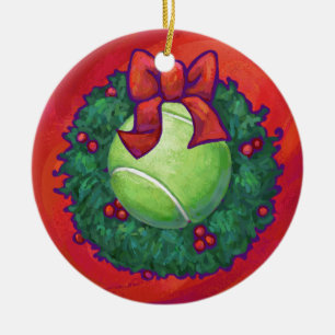Ornement En Céramique Tennis Ball in Wreath on Red